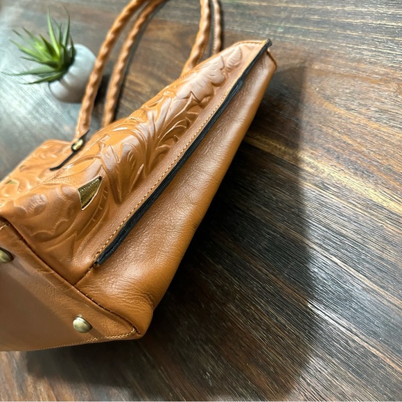 Adeline Cognac Tan Brown Gold Tooled Cutout Leather Satchel shoulder tote bag - Picture 4 of 16